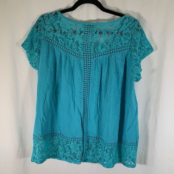 New Ariat Blouse Women's Small Blue Short Sleeve Crotche Round Neck Lightweight - Picture 8 of 9